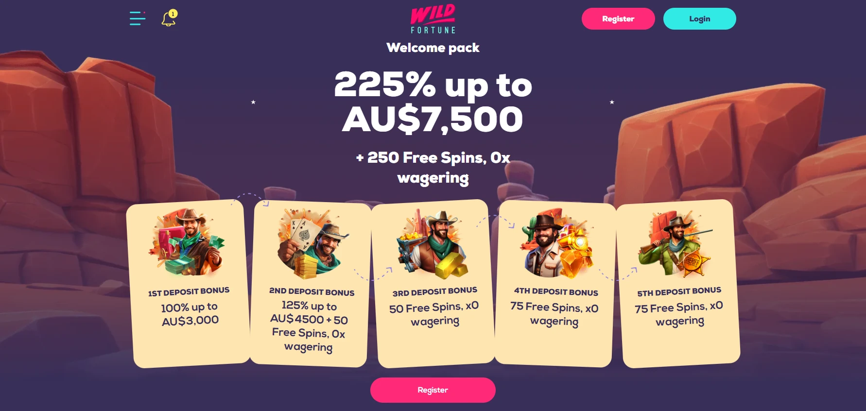 Wild Fortune promotions page showing the welcome pack