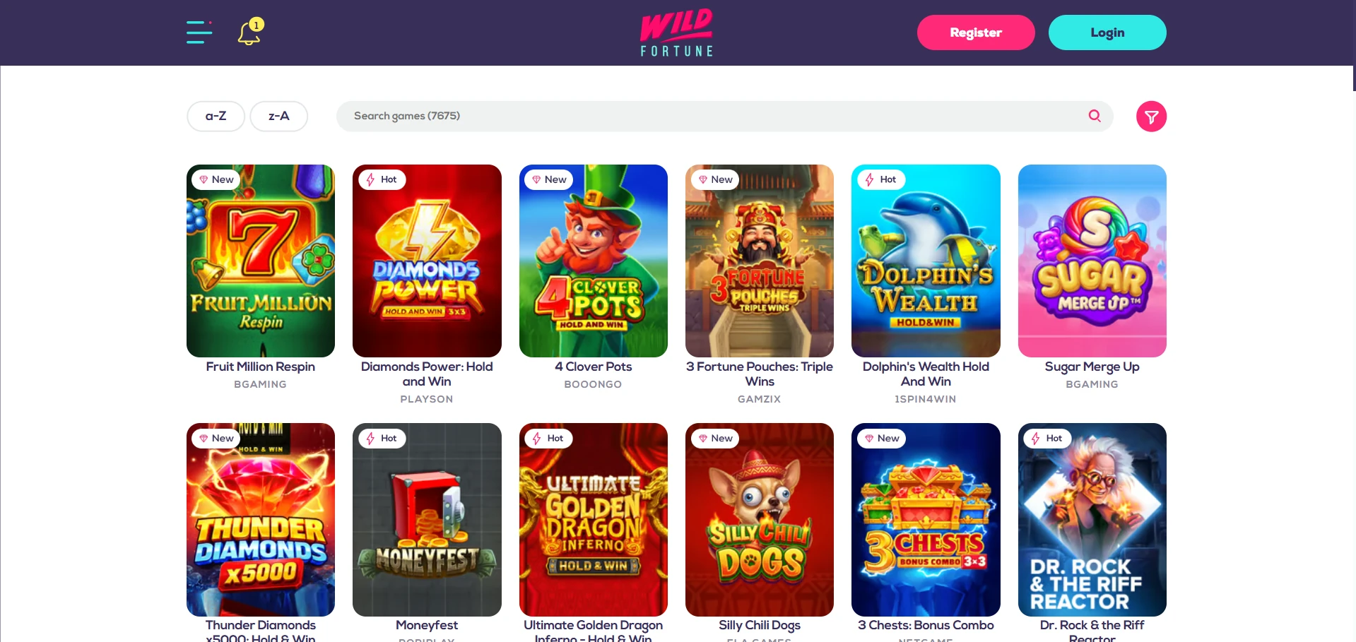 Wild Fortune games lobby with pokie thumbnails