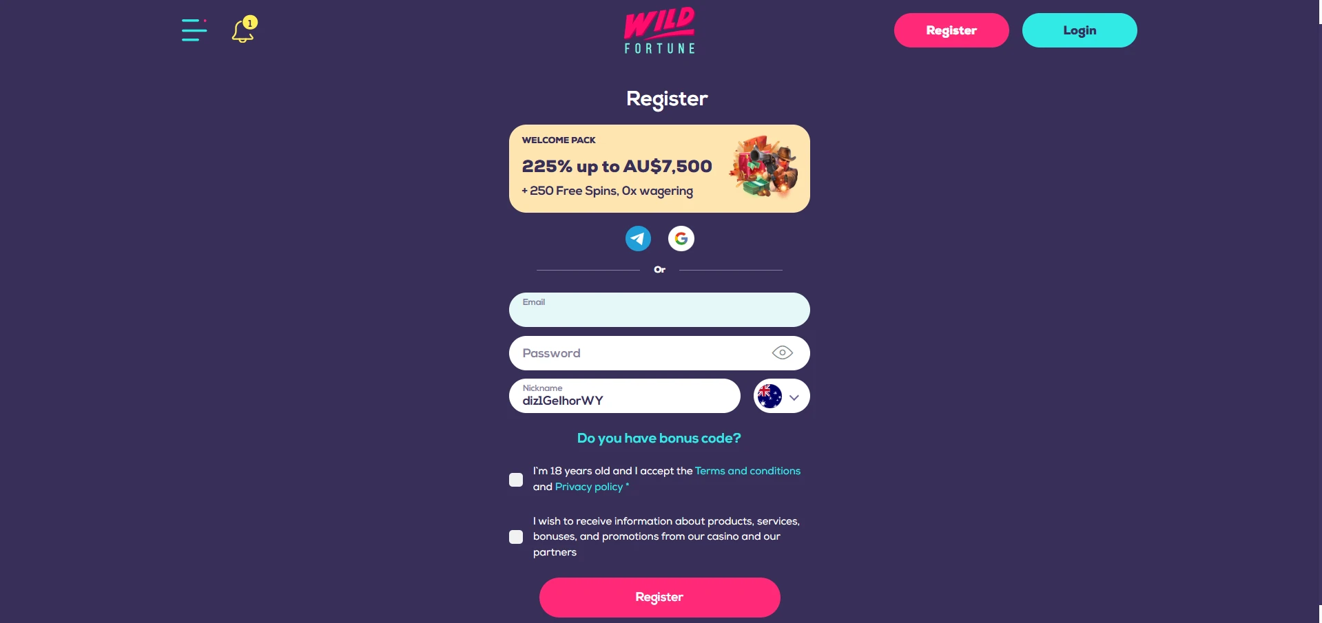 Wild Fortune registration form